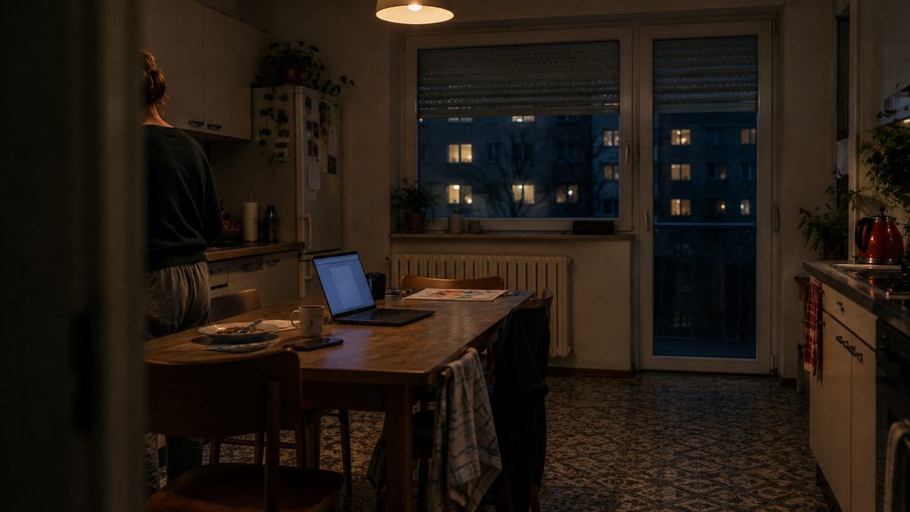 A kitchen table in the evening, a closed laptop beside an open notebook, the person half-turned away.