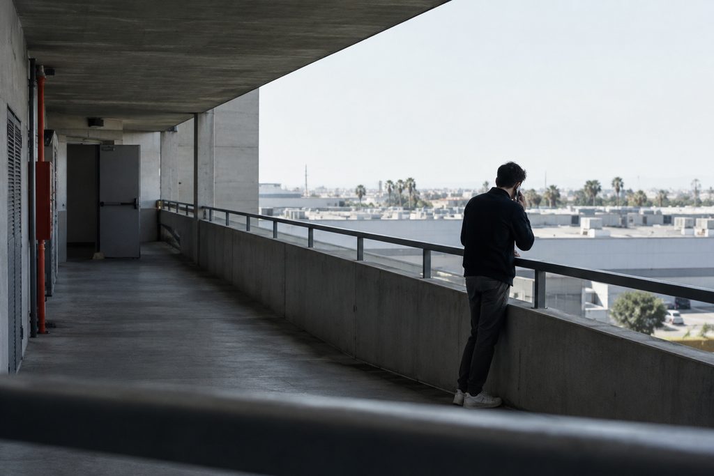 A covered walkway at the edge of a city, someone crossing it with their back to the camera.