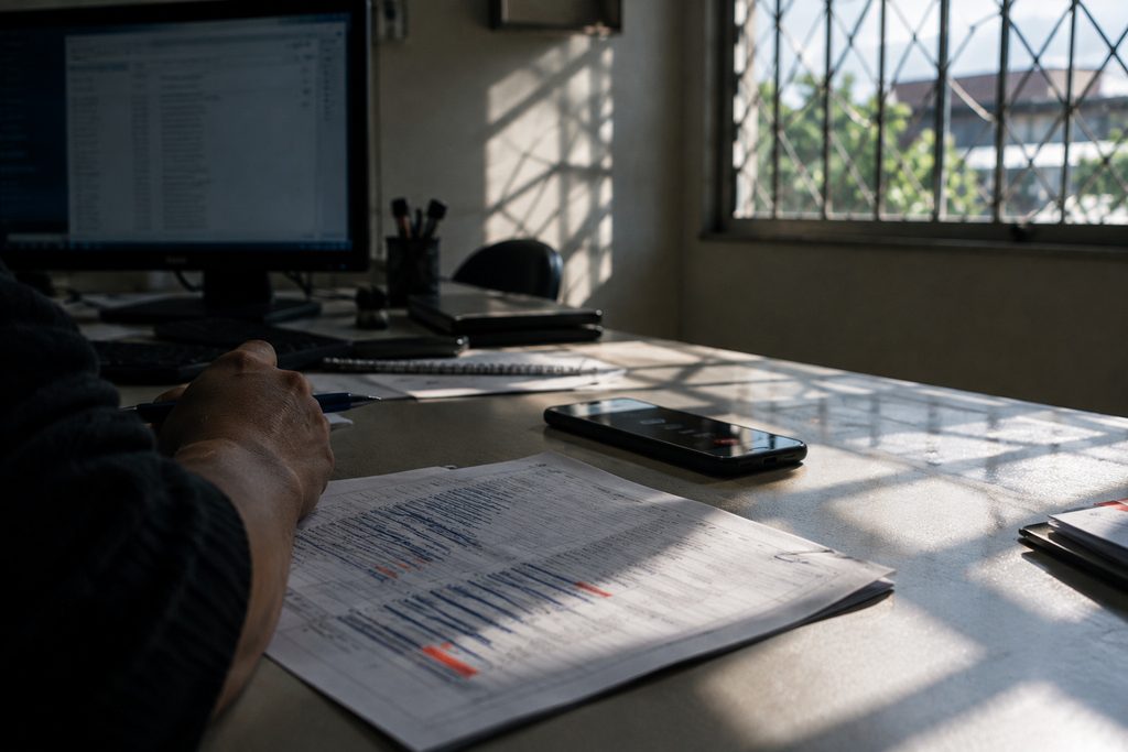 A desk mid-research, seen from behind and to the left: a long list on one screen, an employer map on another, handwritten notes on a printout.