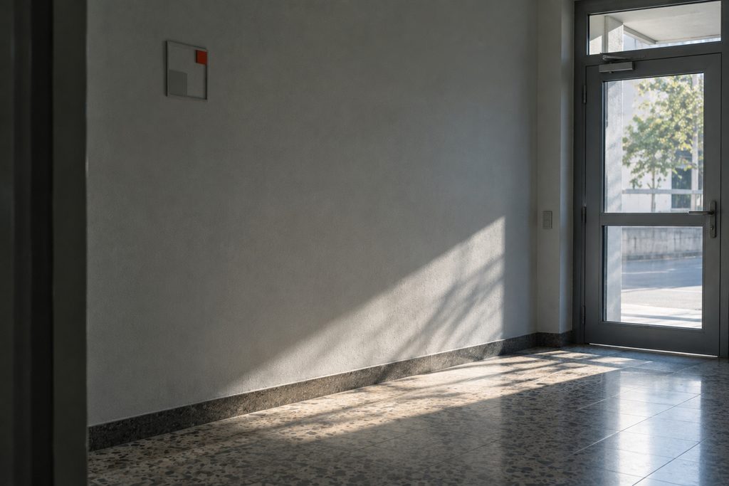 A reception wall in raking afternoon light, the sign in place, nobody present.